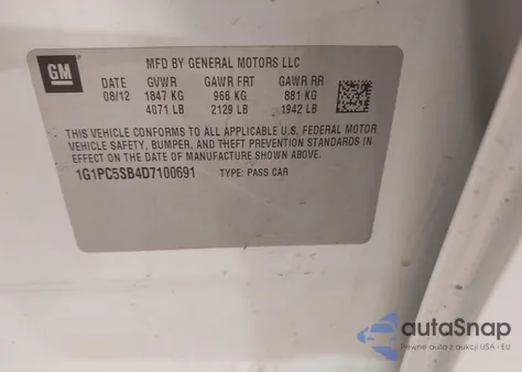 2013 Chevrolet Cruze 1Lt Auto from USA, damaged, VIN 1G1PC5SB4D7100691